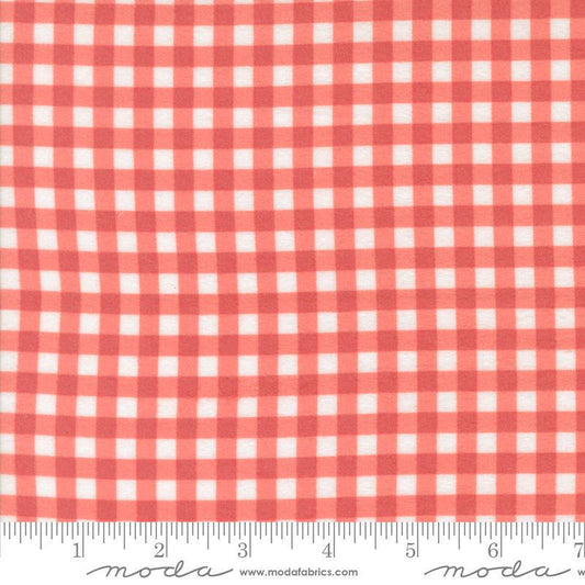 Image of the Sherbet Sunshine Flan Gingham Strawberry by Corey Yoder for Moda Fabrics. Features gingham on a red background. Cute Little Fabric Shop