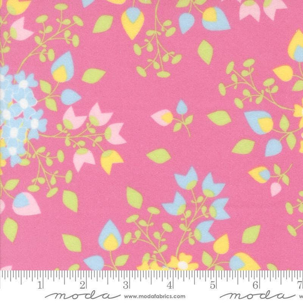 Image of the Sherbet Sunshine Flan Bouquets Petal Pink by Corey Yoder for Moda Fabrics. Features flowers on a pink background. Cute Little Fabric Shop