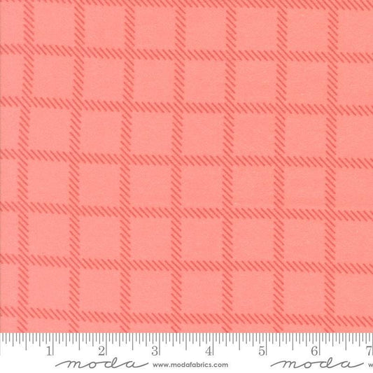 Image of the Sherbet Sunshine Flan Checks Flamingo by Corey Yoder for Moda Fabrics. Features plaid on a coral background. Cute Little Fabric Shop