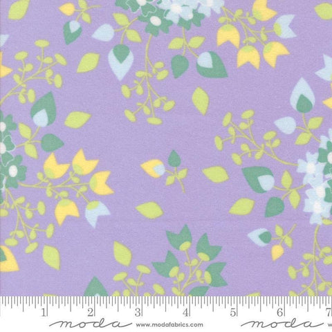 Image of the Sherbet Sunshine Flan Bouquets Lavender by Corey Yoder for Moda Fabrics. Features flowers on a purple background. Cute Little Fabric Shop