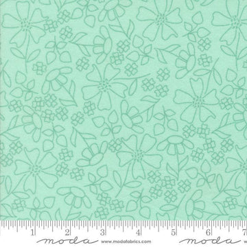 Image of the Sherbet Sunshine Flan Florals Sea Glass by Corey Yoder for Moda Fabrics. Features flowers on a teal background. Cute Little Fabric Shop