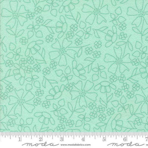 Image of the Sherbet Sunshine Flan Florals Sea Glass by Corey Yoder for Moda Fabrics. Features flowers on a teal background. Cute Little Fabric Shop