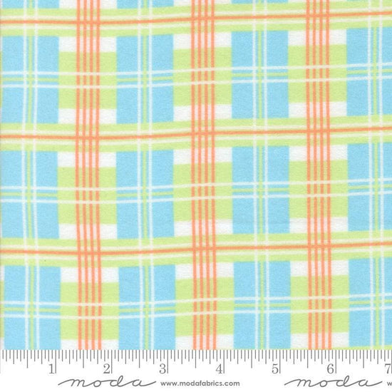 Image of the Sherbet Sunshine Flan Plaid Sky by Corey Yoder for Moda Fabrics. Features plaid on a blue background. Cute Little Fabric Shop