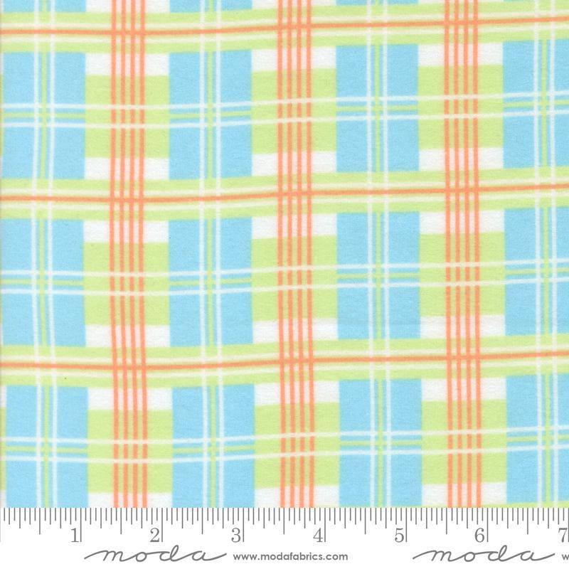 Image of the Sherbet Sunshine Flan Plaid Sky by Corey Yoder for Moda Fabrics. Features plaid on a blue background. Cute Little Fabric Shop