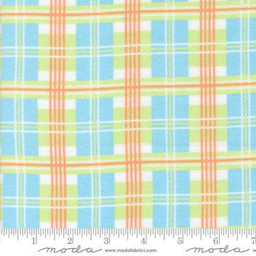 Image of the Sherbet Sunshine Flan Plaid Sky by Corey Yoder for Moda Fabrics. Features plaid on a blue background. Cute Little Fabric Shop