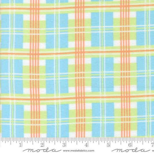 Image of the Sherbet Sunshine Flan Plaid Sky by Corey Yoder for Moda Fabrics. Features plaid on a blue background. Cute Little Fabric Shop
