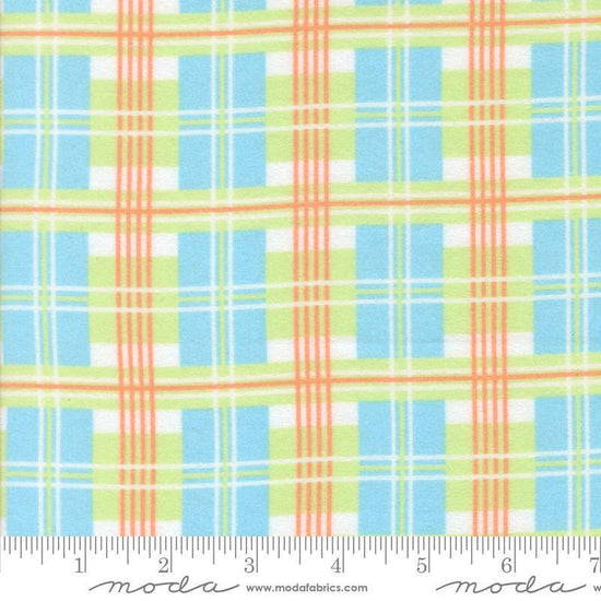 Image of the Sherbet Sunshine Flan Plaid Sky by Corey Yoder for Moda Fabrics. Features plaid on a blue background. Cute Little Fabric Shop