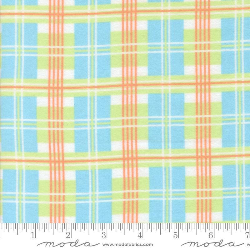Image of the Sherbet Sunshine Flan Plaid Sky by Corey Yoder for Moda Fabrics. Features plaid on a blue background. Cute Little Fabric Shop