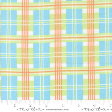 Image of the Sherbet Sunshine Flan Plaid Sky by Corey Yoder for Moda Fabrics. Features plaid on a blue background. Cute Little Fabric Shop
