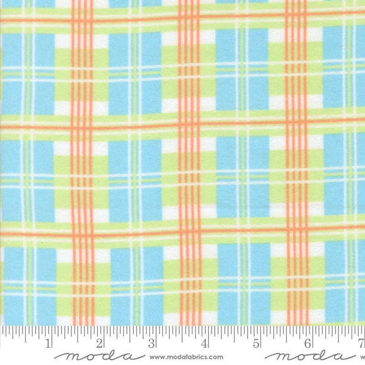 Image of the Sherbet Sunshine Flan Plaid Sky by Corey Yoder for Moda Fabrics. Features plaid on a blue background. Cute Little Fabric Shop