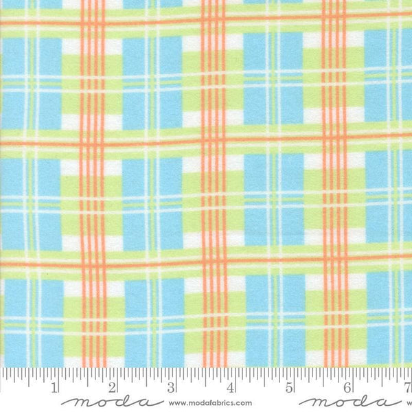 Image of the Sherbet Sunshine Flan Plaid Sky by Corey Yoder for Moda Fabrics. Features plaid on a blue background. Cute Little Fabric Shop