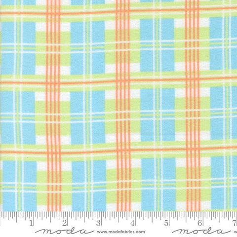 Image of the Sherbet Sunshine Flan Plaid Sky by Corey Yoder for Moda Fabrics. Features plaid on a blue background. Cute Little Fabric Shop