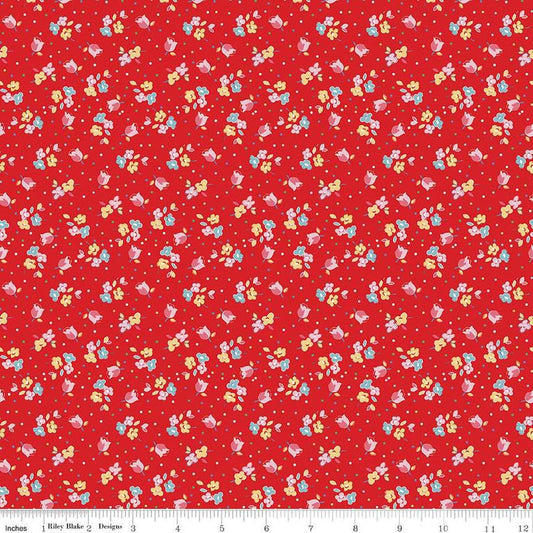 Image of the Simple Pleasures Calico Sweet Rose Strawberry quilting cotton fabric by American Jane Riley Blake Designs. Features flowers on a red background. Cute Little Fabric Shop