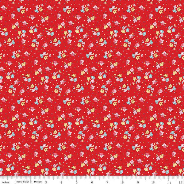 Image of the Simple Pleasures Calico Sweet Rose Strawberry quilting cotton fabric by American Jane Riley Blake Designs. Features flowers on a red background. Cute Little Fabric Shop