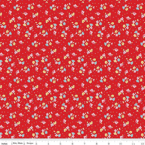 Image of the Simple Pleasures Calico Sweet Rose Strawberry quilting cotton fabric by American Jane Riley Blake Designs. Features flowers on a red background. Cute Little Fabric Shop
