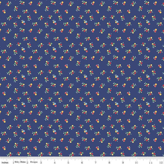 Image of the Simple Pleasures Kitchen Flowers Navy quilting cotton fabric by American Jane Riley Blake Designs. Features flowers on a blue background. Cute Little Fabric Shop