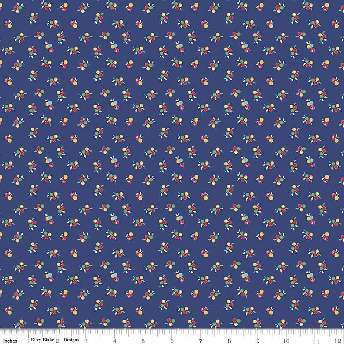 Image of the Simple Pleasures Kitchen Flowers Navy quilting cotton fabric by American Jane Riley Blake Designs. Features flowers on a blue background. Cute Little Fabric Shop