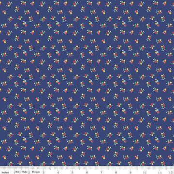 Image of the Simple Pleasures Kitchen Flowers Navy quilting cotton fabric by American Jane Riley Blake Designs. Features flowers on a blue background. Cute Little Fabric Shop