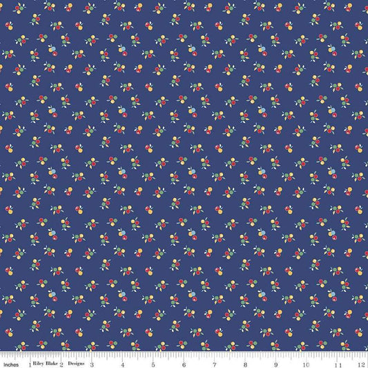 Image of the Simple Pleasures Kitchen Flowers Navy quilting cotton fabric by American Jane Riley Blake Designs. Features flowers on a blue background. Cute Little Fabric Shop