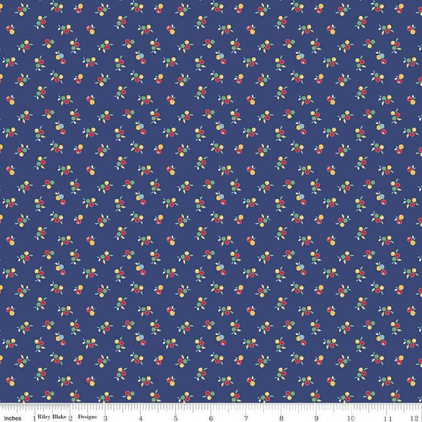 Image of the Simple Pleasures Kitchen Flowers Navy quilting cotton fabric by American Jane Riley Blake Designs. Features flowers on a blue background. Cute Little Fabric Shop