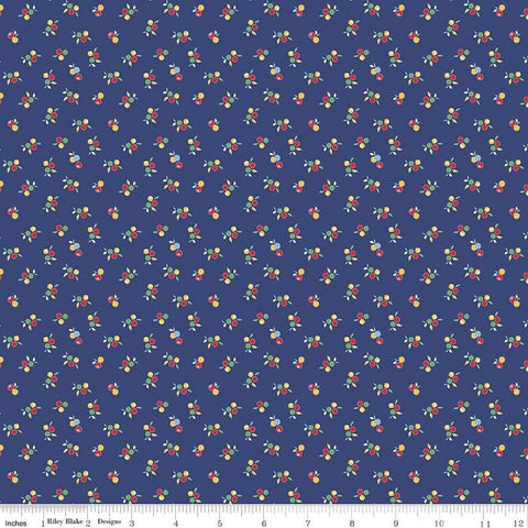 Image of the Simple Pleasures Kitchen Flowers Navy quilting cotton fabric by American Jane Riley Blake Designs. Features flowers on a blue background. Cute Little Fabric Shop