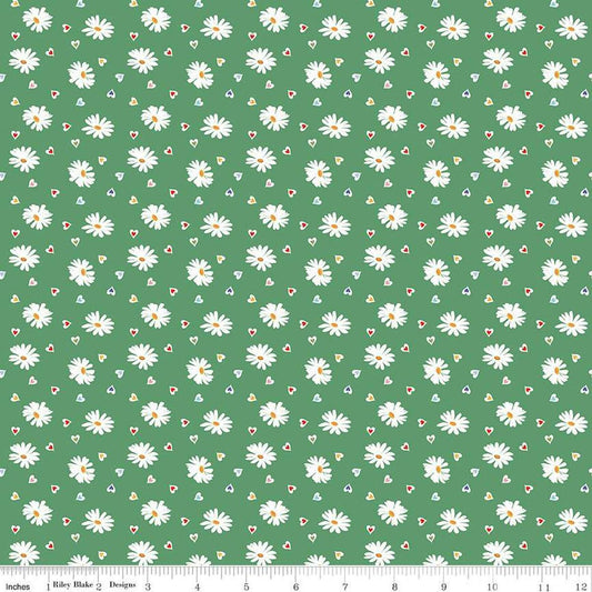 Image of the Simple Pleasures Heart Daisies Green quilting cotton fabric by American Jane Riley Blake Designs. Features flowers on a green background. Cute Little Fabric Shop