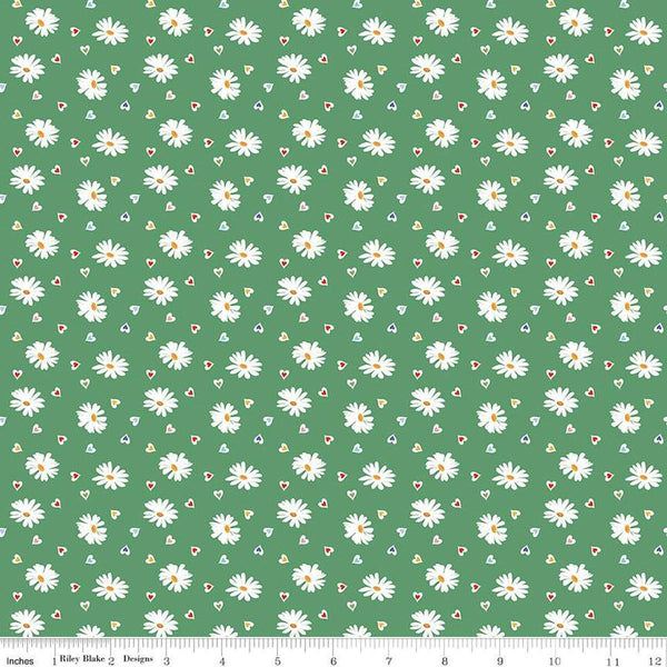 Image of the Simple Pleasures Heart Daisies Green quilting cotton fabric by American Jane Riley Blake Designs. Features flowers on a green background. Cute Little Fabric Shop