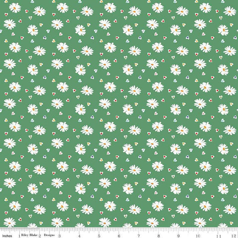 Image of the Simple Pleasures Heart Daisies Green quilting cotton fabric by American Jane Riley Blake Designs. Features flowers on a green background. Cute Little Fabric Shop