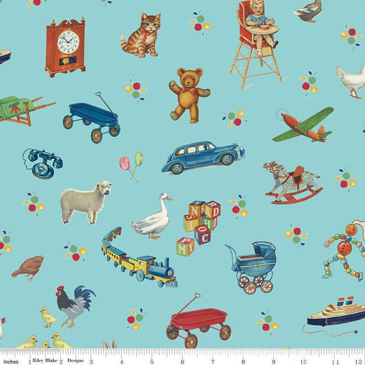 Image of the Simple Pleasures Toys Aqua quilting cotton fabric by American Jane Riley Blake Designs. Features toys on a green background. Cute Little Fabric Shop