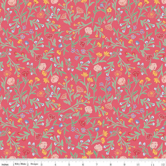 Image of the Simple Pleasures Scattered Vine Raspberry quilting cotton fabric by American Jane Riley Blake Designs. Features flowers on a pink background. Cute Little Fabric Shop