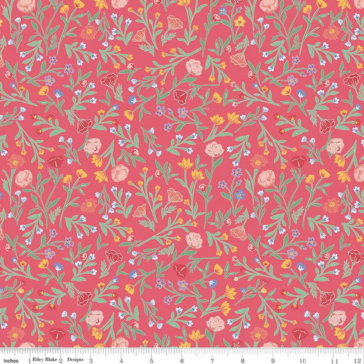 Image of the Simple Pleasures Scattered Vine Raspberry quilting cotton fabric by American Jane Riley Blake Designs. Features flowers on a pink background. Cute Little Fabric Shop