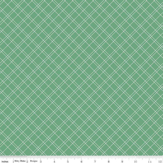 Image of the Simple Pleasures Grid Grass quilting cotton fabric by American Jane Riley Blake Designs. Features plaid on a green background. Cute Little Fabric Shop