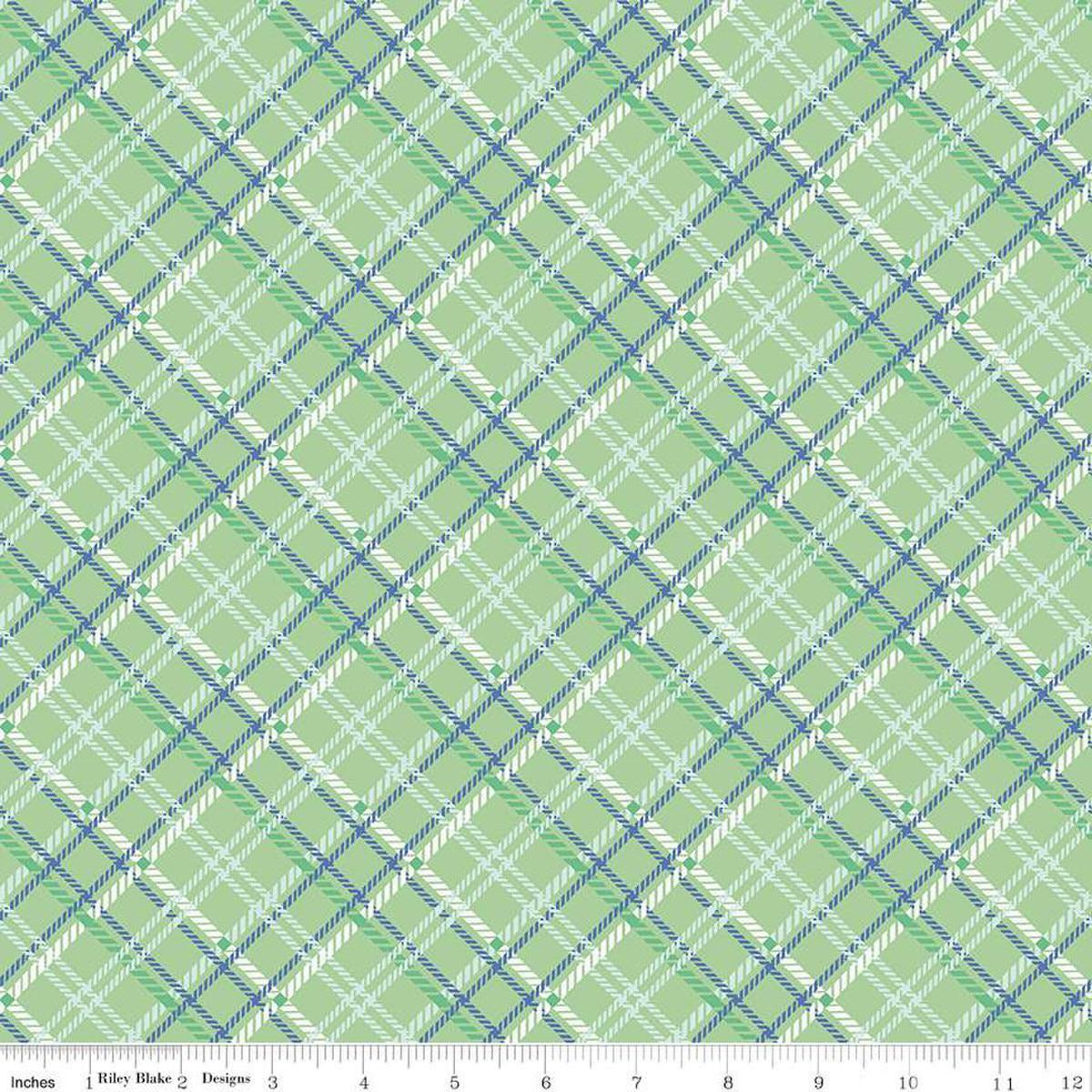Image of the Simple Pleasures Plaid Sage quilting cotton fabric by American Jane Riley Blake Designs. Features plaid on a green background. Cute Little Fabric Shop