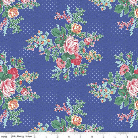 Image of the Simple Pleasures Floral Blue quilting cotton fabric by American Jane Riley Blake Designs. Features flowers on a blue background. Cute Little Fabric Shop
