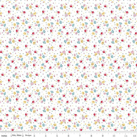 Image of the Simple Pleasures Calico Sweet Rose White quilting cotton fabric by American Jane Riley Blake Designs. Features flowers on a white background. Cute Little Fabric Shop