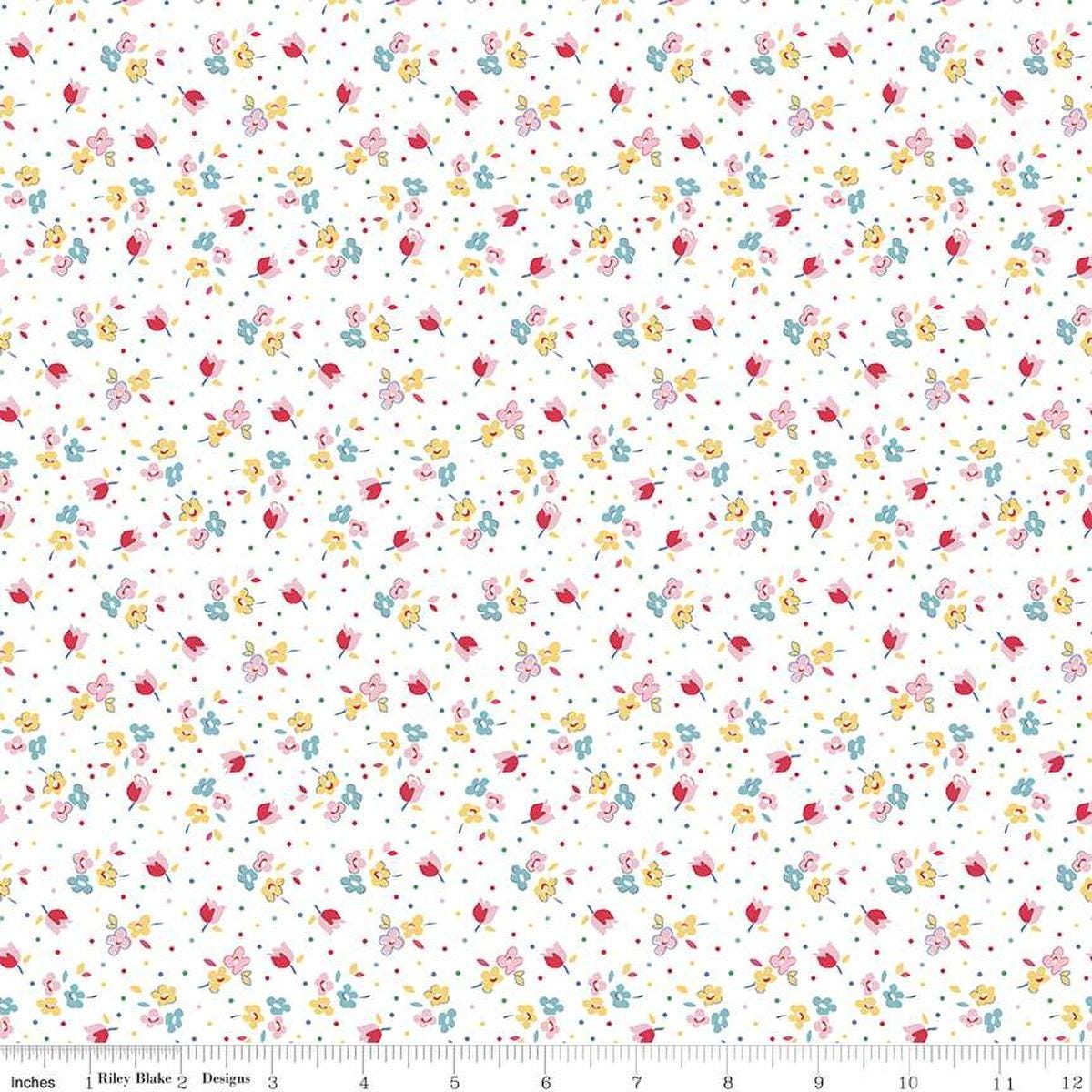 Image of the Simple Pleasures Calico Sweet Rose White quilting cotton fabric by American Jane Riley Blake Designs. Features flowers on a white background. Cute Little Fabric Shop