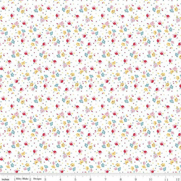 Image of the Simple Pleasures Calico Sweet Rose White quilting cotton fabric by American Jane Riley Blake Designs. Features flowers on a white background. Cute Little Fabric Shop