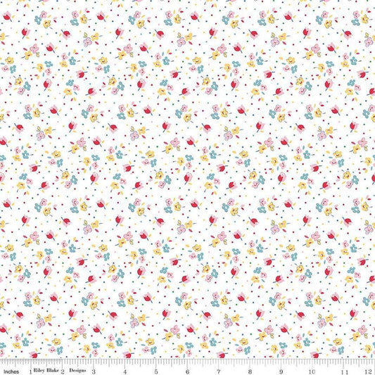 Image of the Simple Pleasures Calico Sweet Rose White quilting cotton fabric by American Jane Riley Blake Designs. Features flowers on a white background. Cute Little Fabric Shop