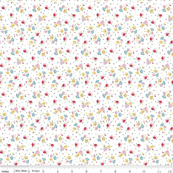 Image of the Simple Pleasures Calico Sweet Rose White quilting cotton fabric by American Jane Riley Blake Designs. Features flowers on a white background. Cute Little Fabric Shop