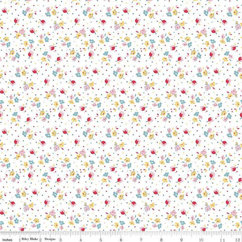 Image of the Simple Pleasures Calico Sweet Rose White quilting cotton fabric by American Jane Riley Blake Designs. Features flowers on a white background. Cute Little Fabric Shop