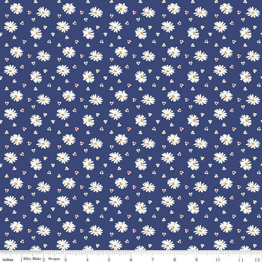 Image of the Simple Pleasures Heart Daisies Navy quilting cotton fabric by American Jane Riley Blake Designs. Features flowers on a navy background. Cute Little Fabric Shop