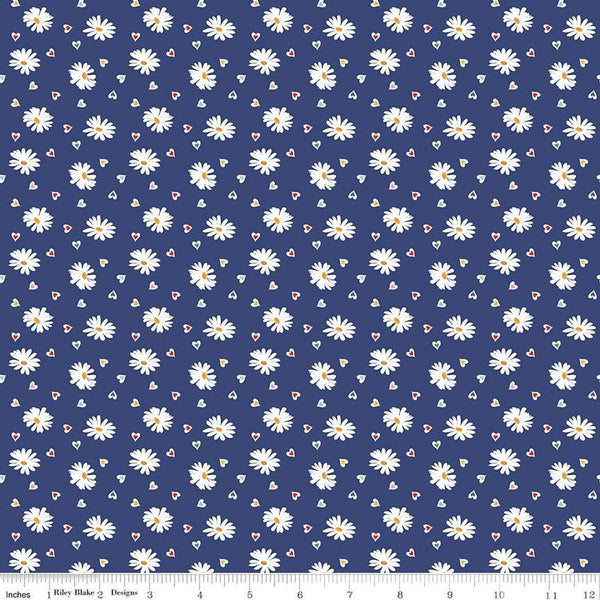 Image of the Simple Pleasures Heart Daisies Navy quilting cotton fabric by American Jane Riley Blake Designs. Features flowers on a navy background. Cute Little Fabric Shop