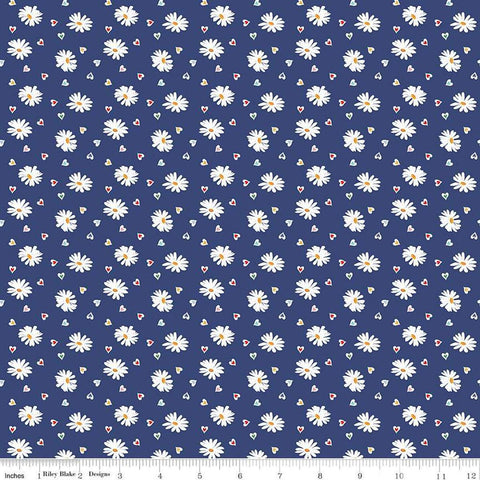 Image of the Simple Pleasures Heart Daisies Navy quilting cotton fabric by American Jane Riley Blake Designs. Features flowers on a navy background. Cute Little Fabric Shop