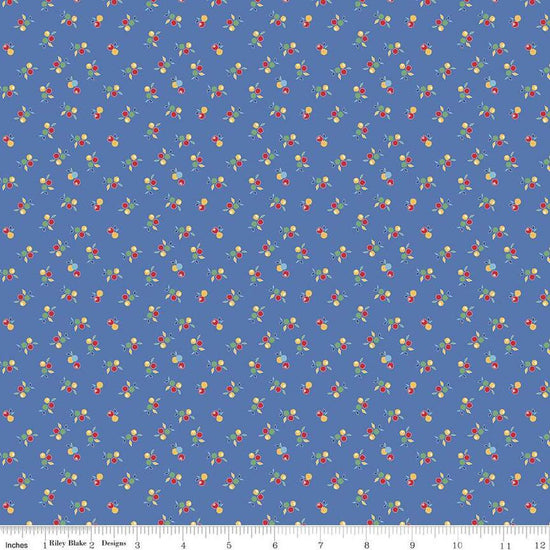Image of the Simple Pleasures Kitchen Flowers Blue quilting cotton fabric by American Jane Riley Blake Designs. Features flowers on a blue background. Cute Little Fabric Shop