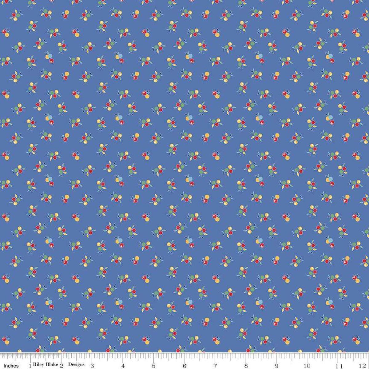 Image of the Simple Pleasures Kitchen Flowers Blue quilting cotton fabric by American Jane Riley Blake Designs. Features flowers on a blue background. Cute Little Fabric Shop