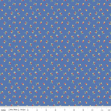 Image of the Simple Pleasures Kitchen Flowers Blue quilting cotton fabric by American Jane Riley Blake Designs. Features flowers on a blue background. Cute Little Fabric Shop