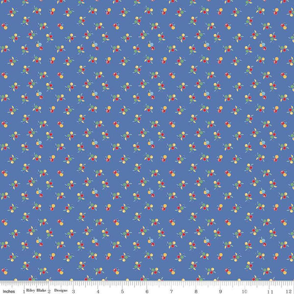 Image of the Simple Pleasures Kitchen Flowers Blue quilting cotton fabric by American Jane Riley Blake Designs. Features flowers on a blue background. Cute Little Fabric Shop