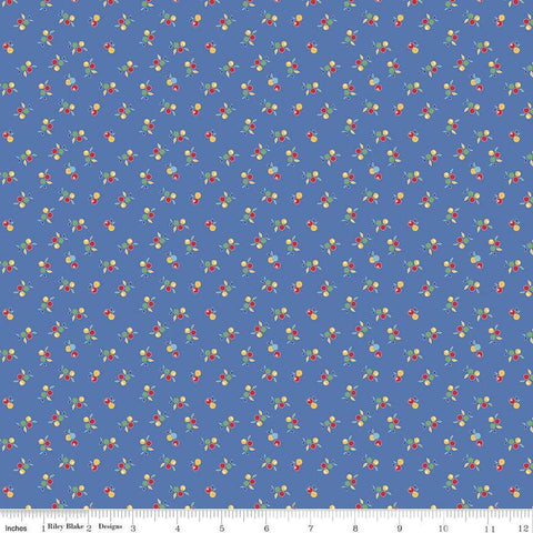 Image of the Simple Pleasures Kitchen Flowers Blue quilting cotton fabric by American Jane Riley Blake Designs. Features flowers on a blue background. Cute Little Fabric Shop
