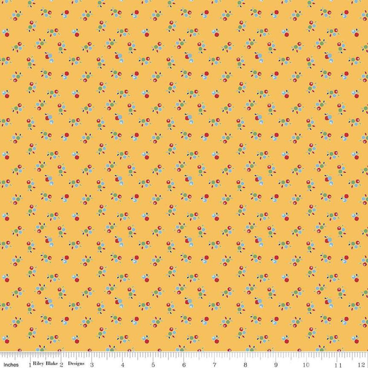 Image of the Simple Pleasures Kitchen Flowers Yellow quilting cotton fabric by American Jane Riley Blake Designs. Features flowers on a yellow background. Cute Little Fabric Shop