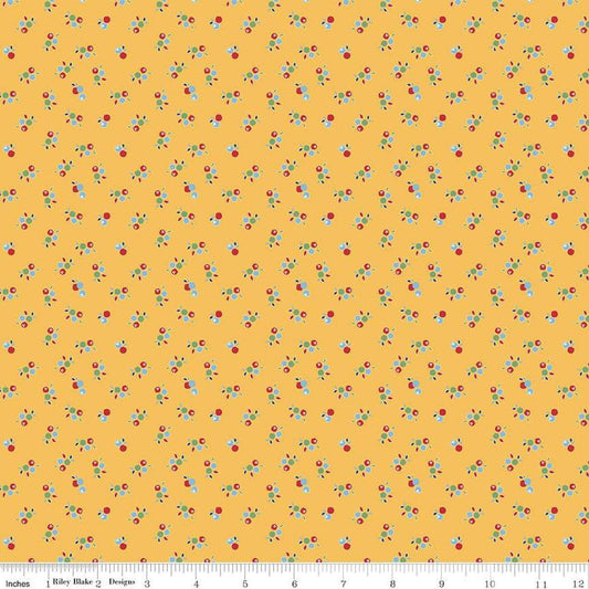Image of the Simple Pleasures Kitchen Flowers Yellow quilting cotton fabric by American Jane Riley Blake Designs. Features flowers on a yellow background. Cute Little Fabric Shop